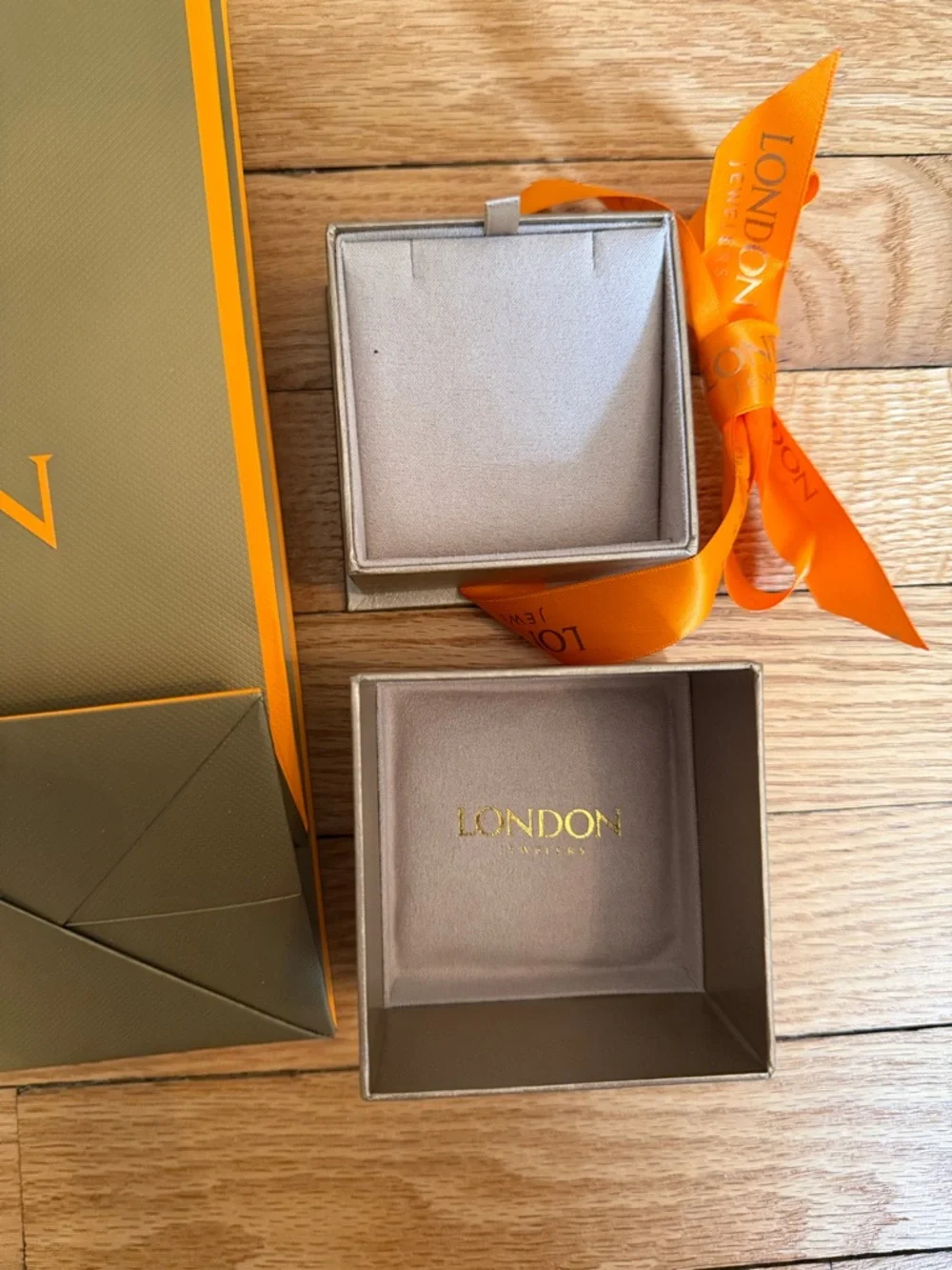 London Jewelers Gift Bag & Box -  Gold Orange butterfly ribbon bag paper box